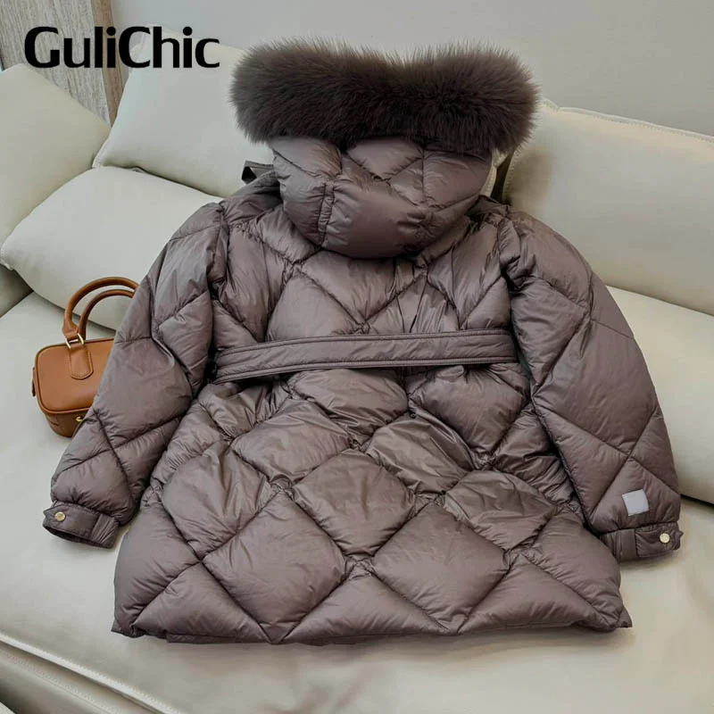 9.21 GuliChic New Arrives Down Coat Women Temperament Hooded Single Breasted Thick Keep Warm With Belt Slim Jacket Outerwear