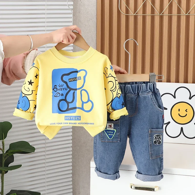 2024 New Spring Baby Boy Clothes 1 to 5 Years Causal Cartoon O-neck Pullover Long Sleeev T-shirts and Pants Kids Boys Outfit Set