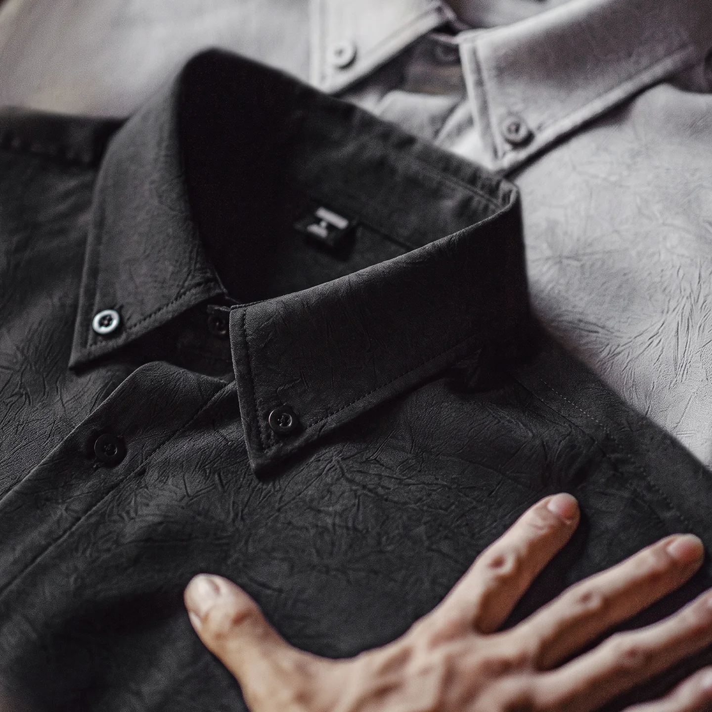 Maden Men's Textured Overshirt Long Sleeve Shirt Jacket Black Workwear Casual Button Down Shirt Relaxed Fit Outerwear Fall