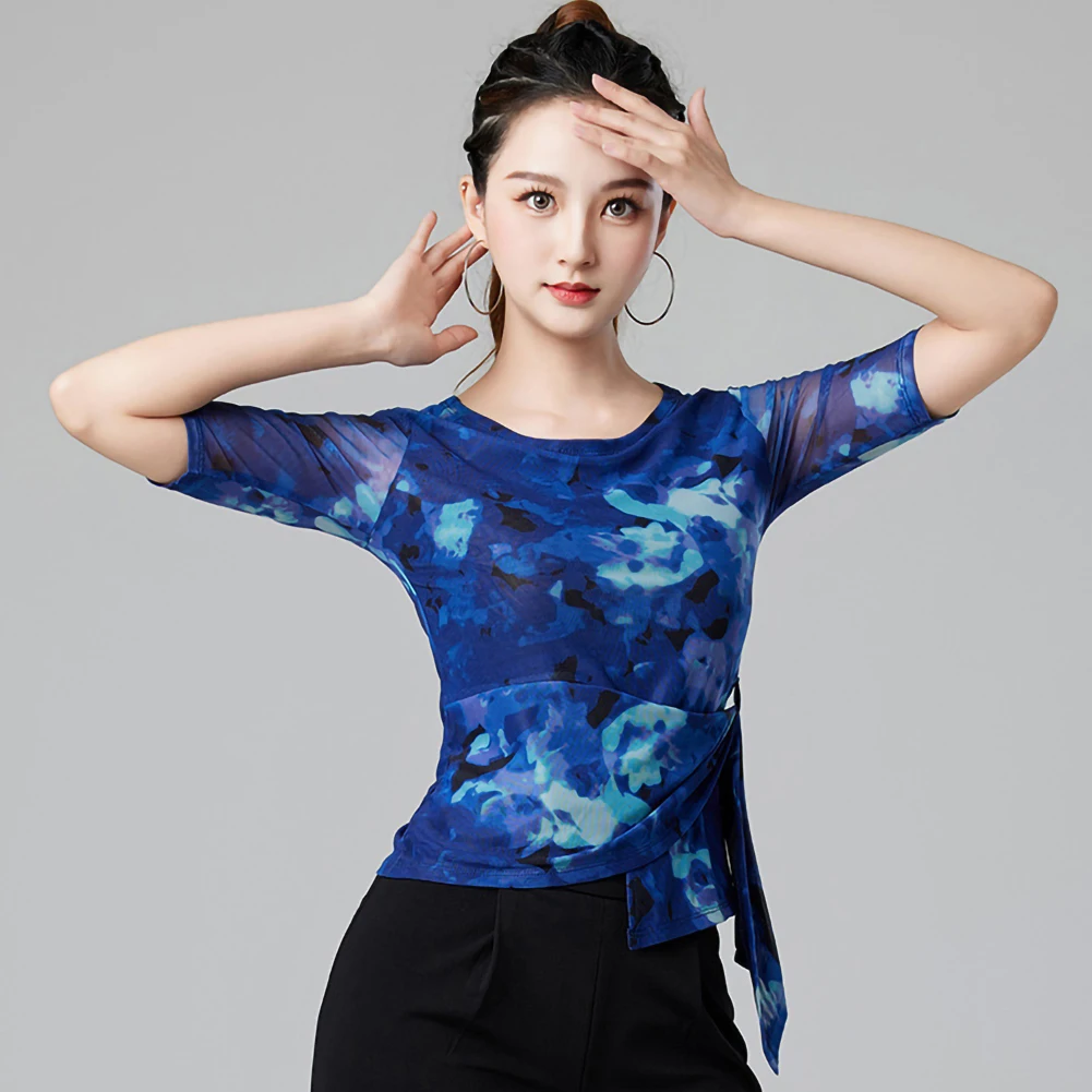 Латинский топ, женский топ с длинным рукавом GB Choreography Practice, синее новое тренировочное платье для самбы, рубашка для выпускного вечера, сетка с круглым вырезом