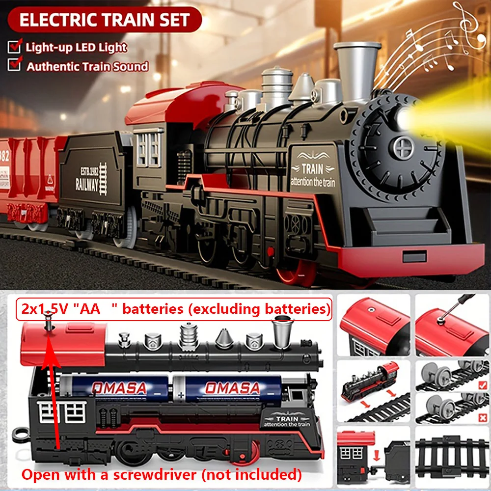 1 conjunto de trilho de trem elétrico com som retro simulação ferroviário modelo carro crianças brinquedos ferroviários presente natal
