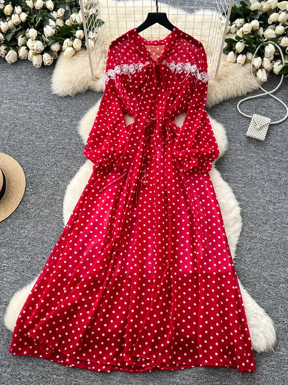 

Ele Polka Dot Lace Trim Belted Lantern Sve Chiffon Dr High Waist A-Line Summer Long Skirt Korean Sle Commute