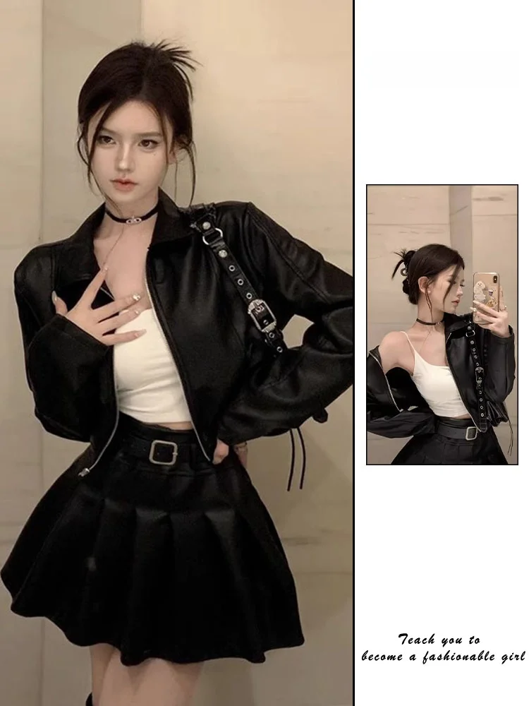 Sweet Cool ort PU Leather Jaet Women's Spring Autumn New Sle Chic Small Size Faionable Top Zipper Closure  Color