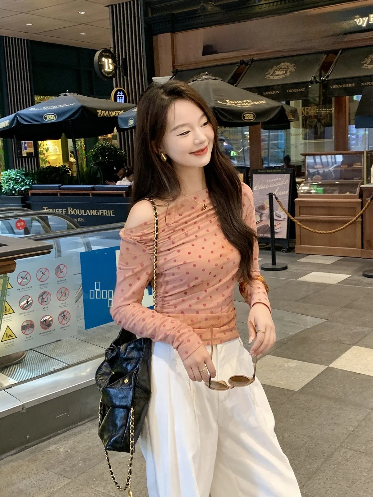 

Tikiki Soft Silk Ling Dyeing Polka Dot One oulder Women's Top oulder Bared Slim Fit Long Sve Moisture ng Nylon Blend