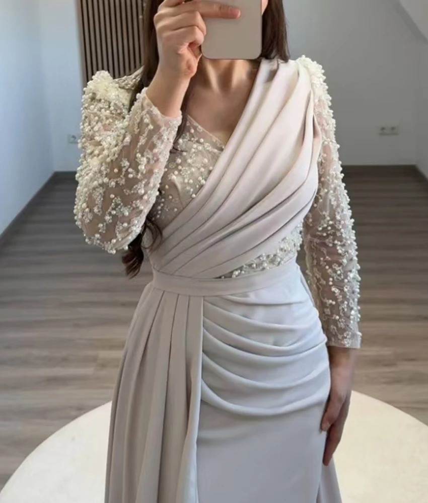 カスタマイズされた優雅なジャージービーズスパンコール A ラインイブニングドレス高品質長袖フロアレングス فساتين سهرات