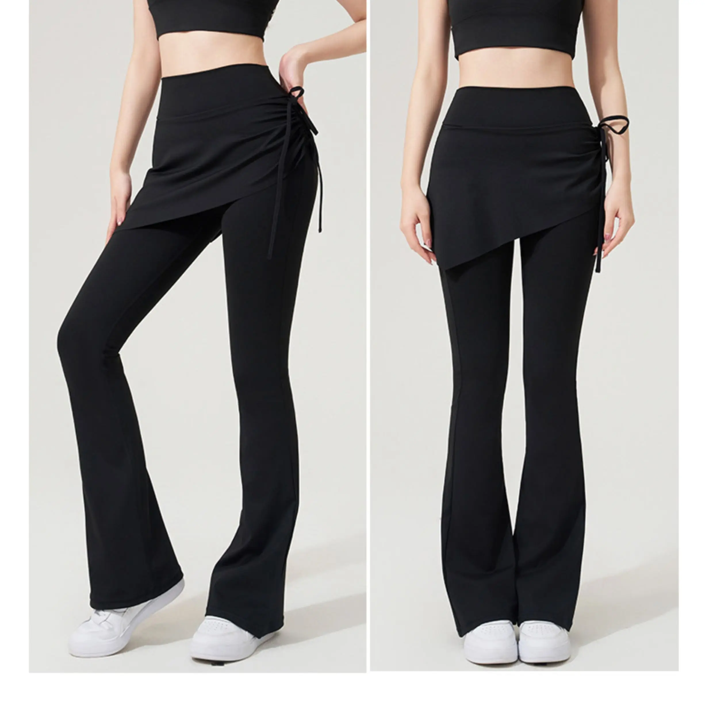 

Yoga Flared Pants Women Fake Two-piece Culottes Side Drawstring High Waist Sports Casual Gym Flared Running Gym Leggings Tights