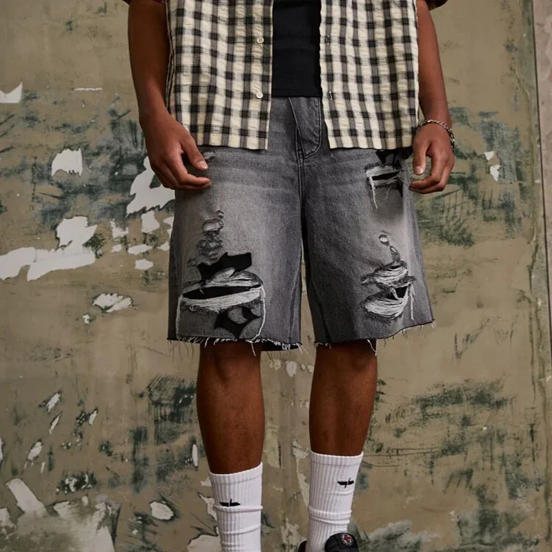 Mens Casual Jorts Denim Shorts Retro High Street Worn Ripped Shorts Loose Fit Summer Five