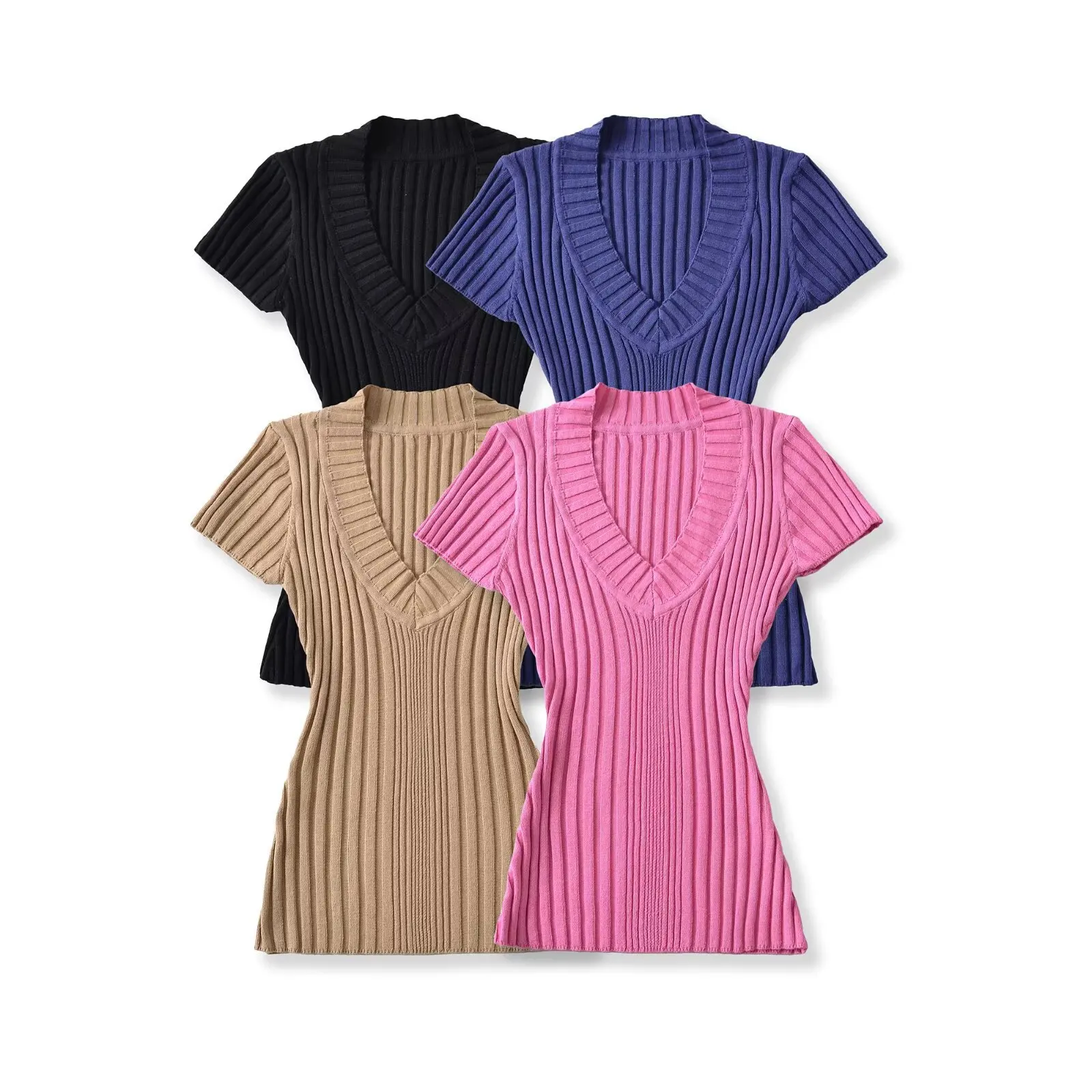 

Летний вязаный топ с v-образным вырезом и короткими рукавами для женщин, облегающая эластичная красивая верхняя одежда в стиле Pure Desire