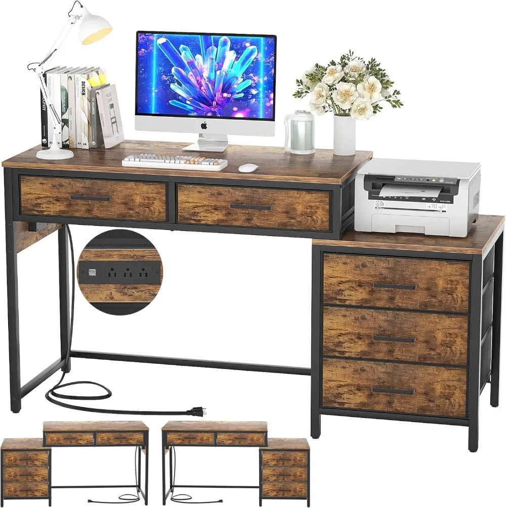 

Computer Desk with 5 Drawer, Reversible Office Desk with Power Outlets and USB Charging Port, Sturdy Writing Table with File