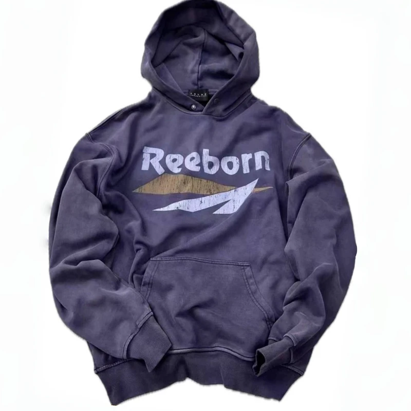 New Brand Ready Stock False Perception Reborn Cracked Letters Washed Loose Hoodie Black Purple for Men Women