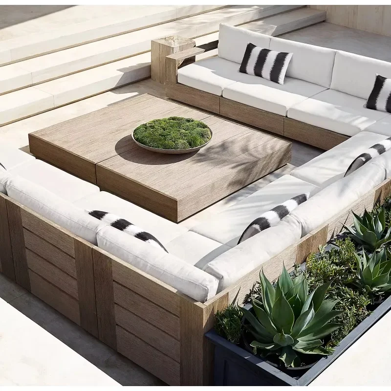 Contemporary modern L shape garden sofa sectional lounge teak wood outdoor furniture set