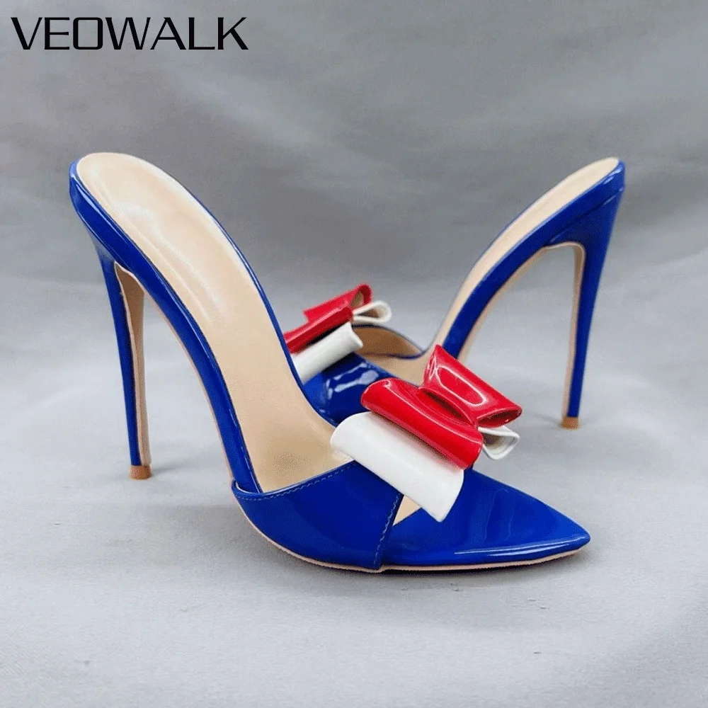 

Veowalk Chic Red White Bow Decor Blue Patent Stiletto Heel Mules,Women's Pointed Toe High Heel Slides for Wedding Party Slipper