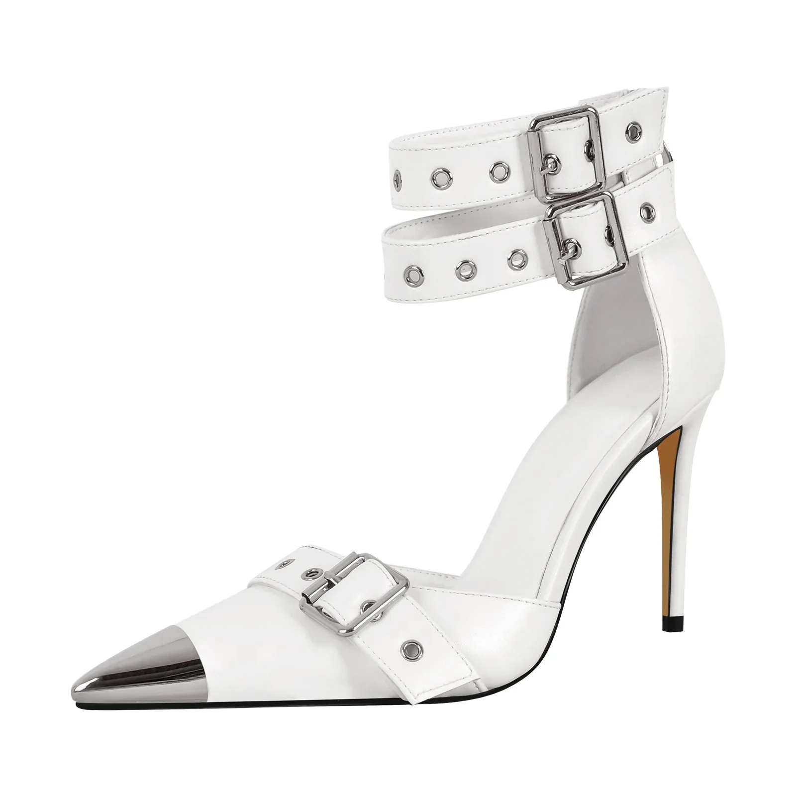 Metal Pointed Toe Belt Buckle Shallow Summer Women Sandals Stiletto High Heel Double-Decker Buckle Strap Design Large Size Shoes