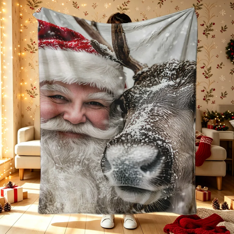Christmas Santa Claus Reindeer Realistic Wind Printed Flannel Throw Blanket, Snowflakes 2D Single-Sided Printed Holiday Blanket