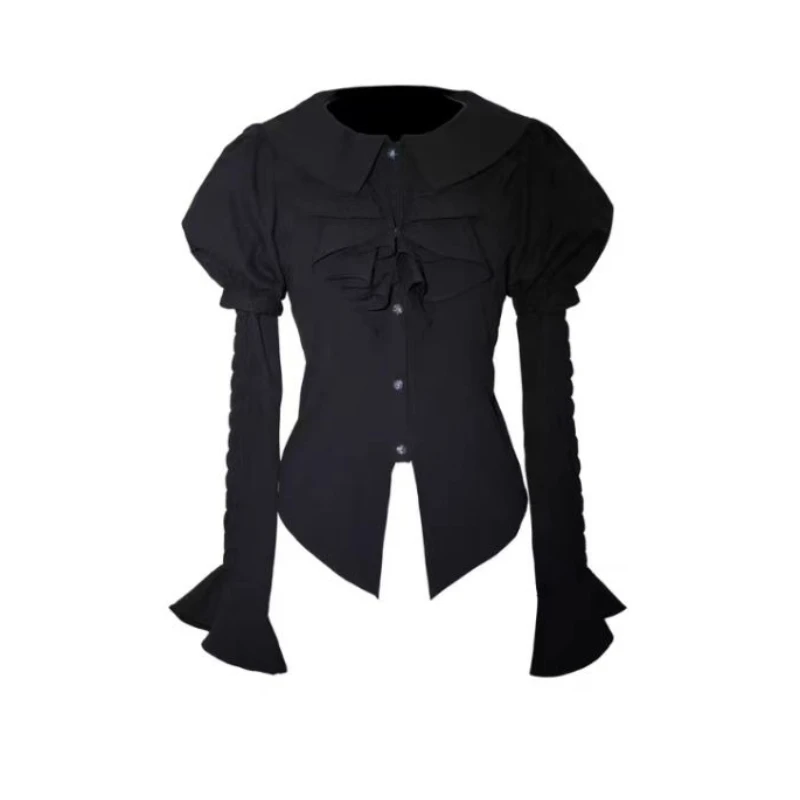 Japanese Gothic Dark Lolita Style Blouses Women Vintage Ruffles Peter Pan Collar Detachable Sleeves Shirts Harajuku Y2k Slim Top