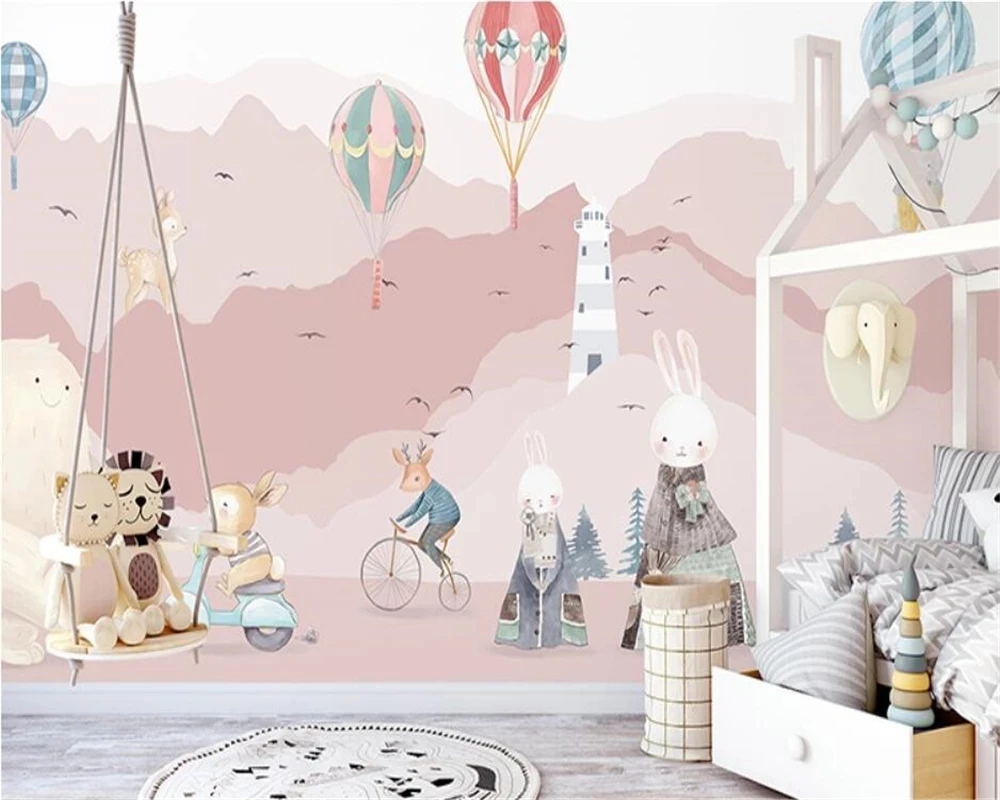 papel-de-parede-personalizado-com-balao-de-ar-quente-e-coelho-para-quarto-infantil-jardim-de-infancia-mural-rosa-restaurante-area-de-descanso-estudo