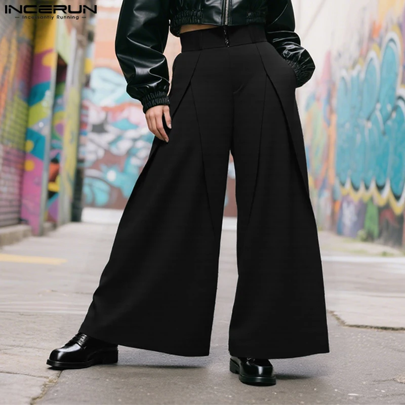 

INCERUN Men Wide Leg Pants Solid Color Joggers Button Loose Casual Straight Trousers Men Streetwear 2025 Fashion Male Long Pants