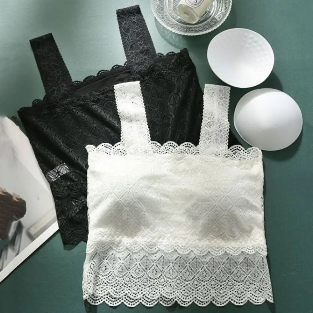 Top de colheita de renda oca de malha respirável fina undershirt renda flor colete superior anti-reflexo roupa interior sutiã com almofada verão