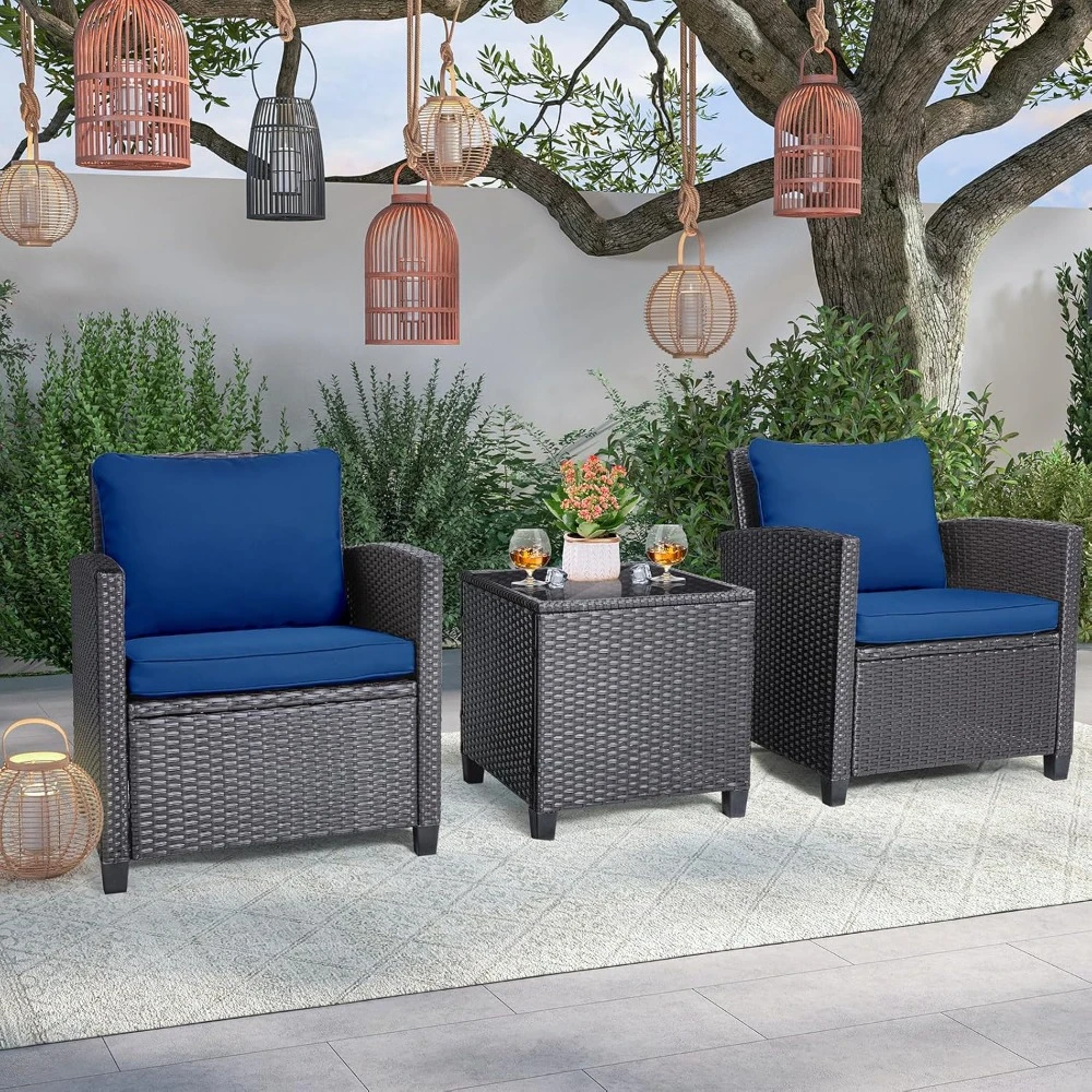 3 Pieces Patio Furniture Set, PE Rattan Wicker 3 Pcs Outdoor Sofa Set w/Washable Cushion and Tempered Glass Tabletop