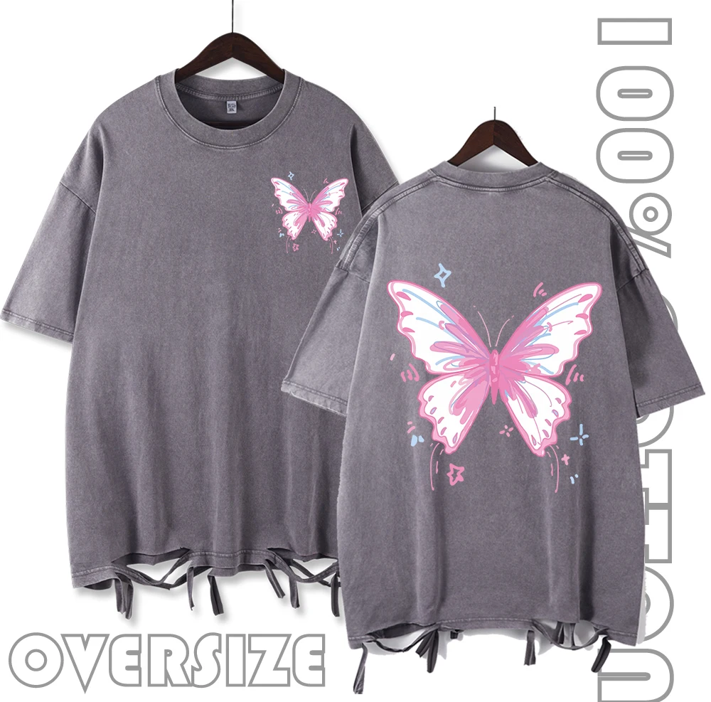 

Красивая розовая бабочка с иллюстрацией и принтом, женская футболка с промытыми отверстиями, летняя повседневная футболка, свободная винтажная уличная одежда
