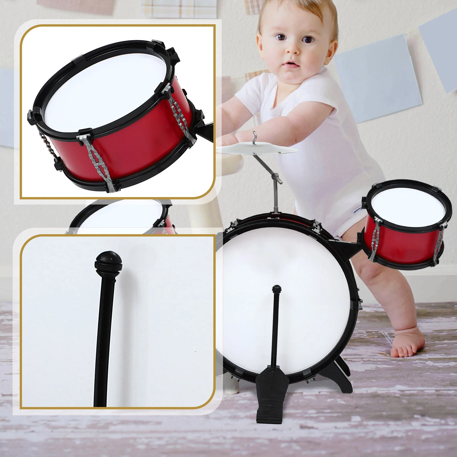 

1Set Children Drum Set Simulation Music Instrument for Kids Creative Sound Exploration Safe Polished Edges Learning Drum Kit