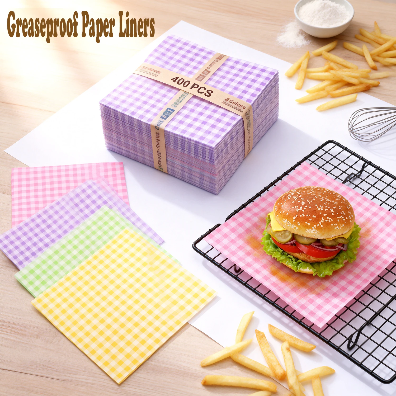

400Pcs Greaseproof Paper Liners Sandwich Wrapping Paper 4 Colors Wax Paper Sheets for BBQ Picnic Festival Party Fast Food