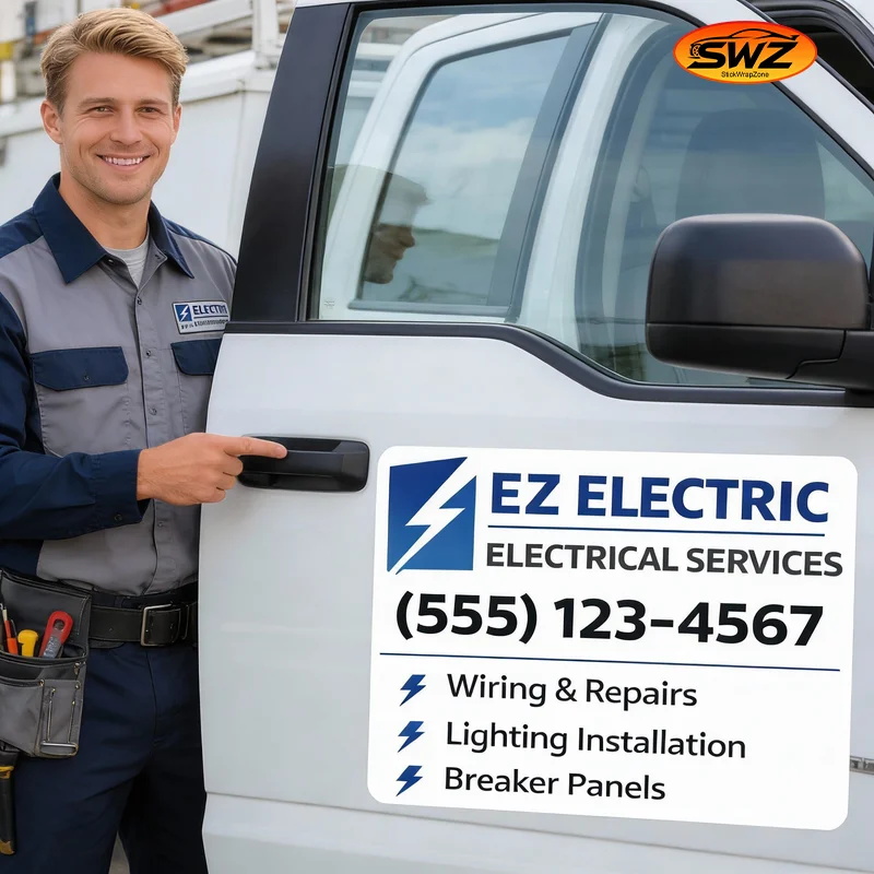 Custom Electrician Business Info Car Sticker – Company Logo, Phone Number, Professional Vehicle Decal