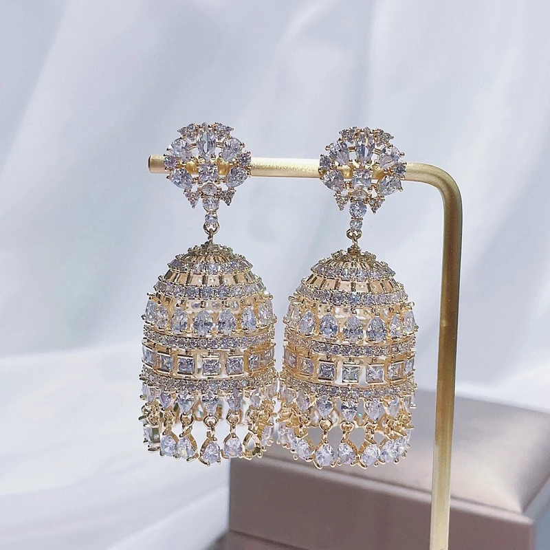 SENYU Super Luxury Wind Chime Bell Shape Earrings Paved Cubic Zirconia for Women Dubai Bridal Jewelry Indian Party Drop Earring