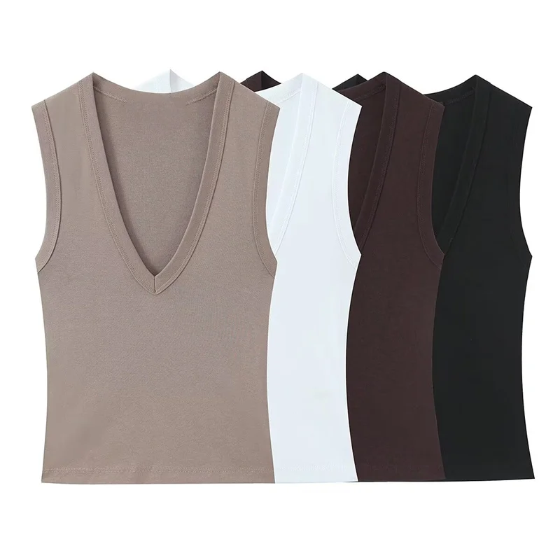 Haut pour femme, nouvelle collection printemps 2026, couleur unie, sans manches, sexy, col en V, coupe ajustée simple, décontracté, mode polyvalente