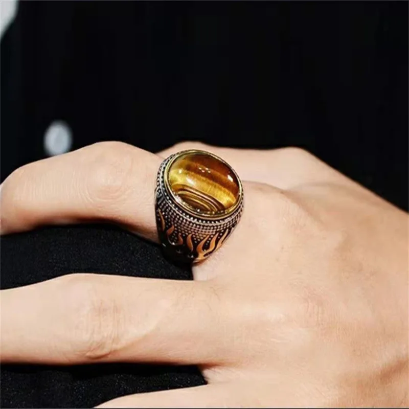 DIY accessories Fashion retro style texture tiger's eye stone personality domineering ring, gold and silver old two-color flame