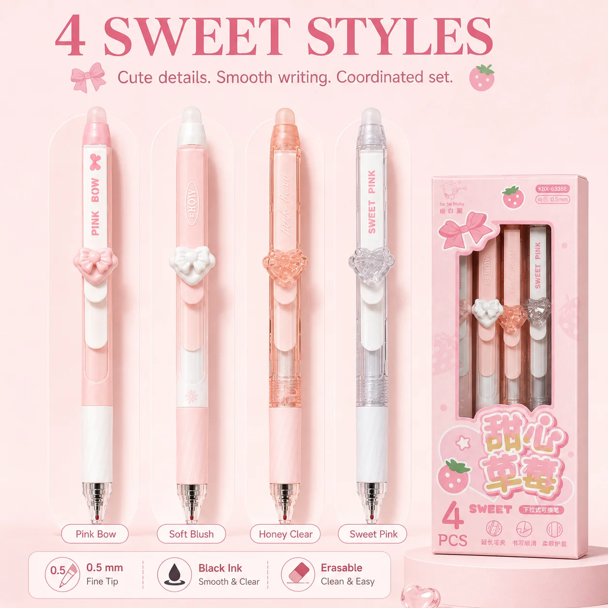 4'lü Paket Fiyonklu Dekorlu Si - Retractable Eraser Pen Click incelemesi ve fiyatı
