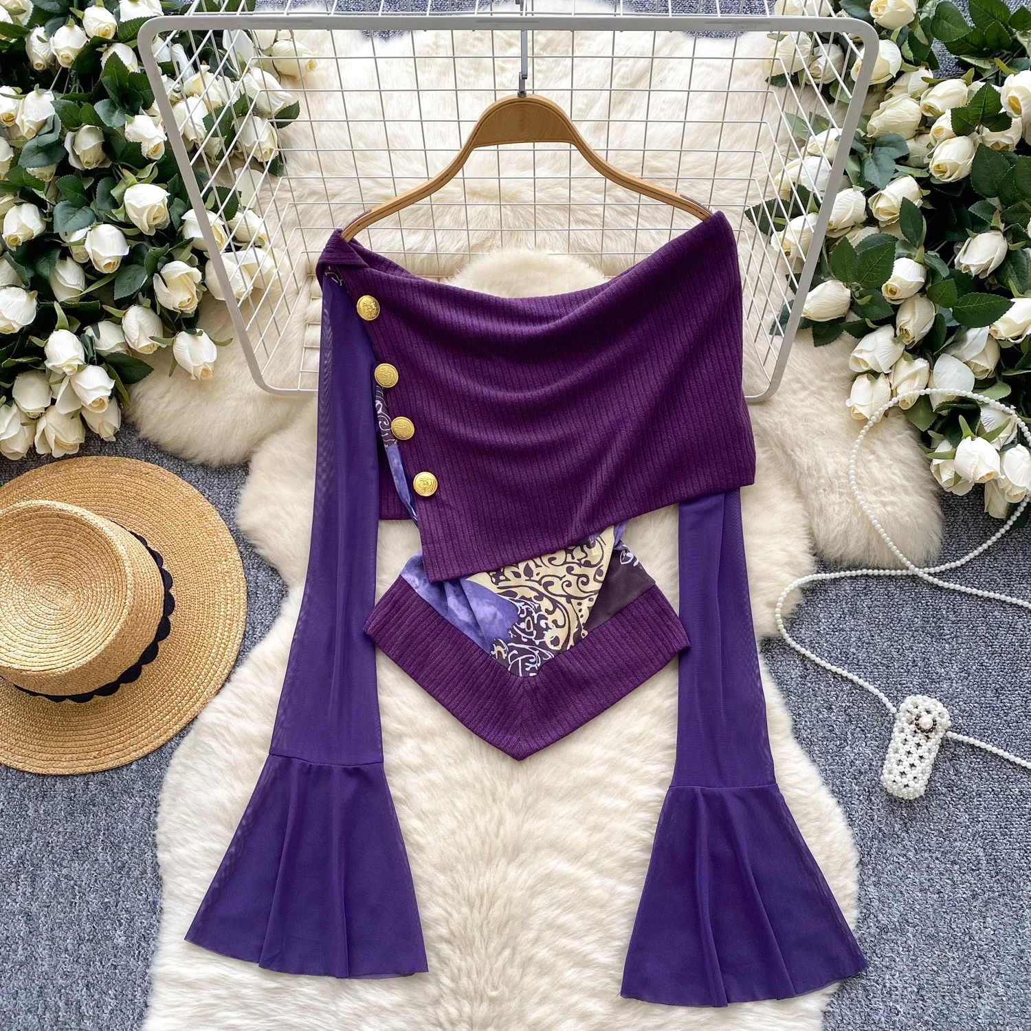 

Clothland Women Sexy Spliced Print Blouse Flare Sleeve Off Shoulder Asymmetrical Shirt Purple Chic Tops Blusa Mujer LB289