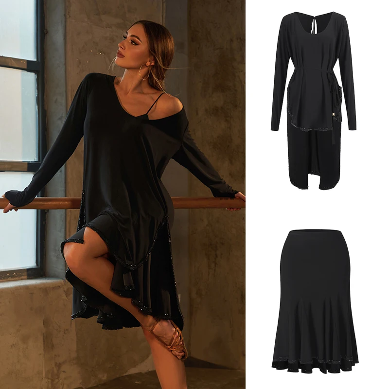 

ZYM черное платье для латинских танцев, юбка, женский костюм для соревнований по бальным танцам, костюм для взрослых, румба, ларим, танцевальные платья SL14197