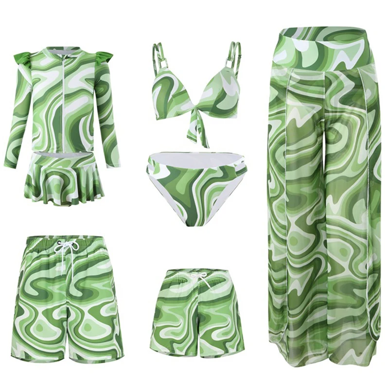 Leaf Print Swimwear Family Matching Outfits Look Mother Daughter Bikini Swimsuits Mommy and Me Clothes Dad Son Swimming Trunks