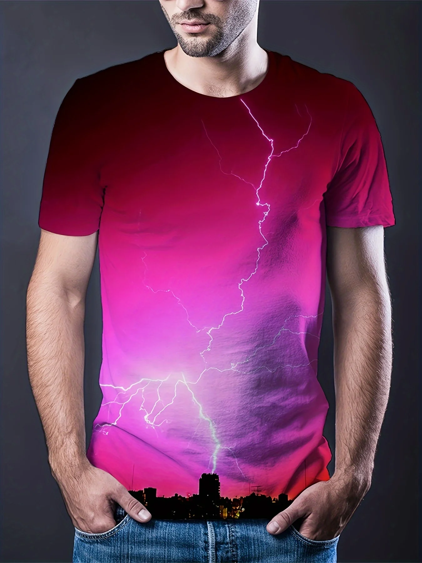 

2024 New Men's Red Lightning Print T-shirt