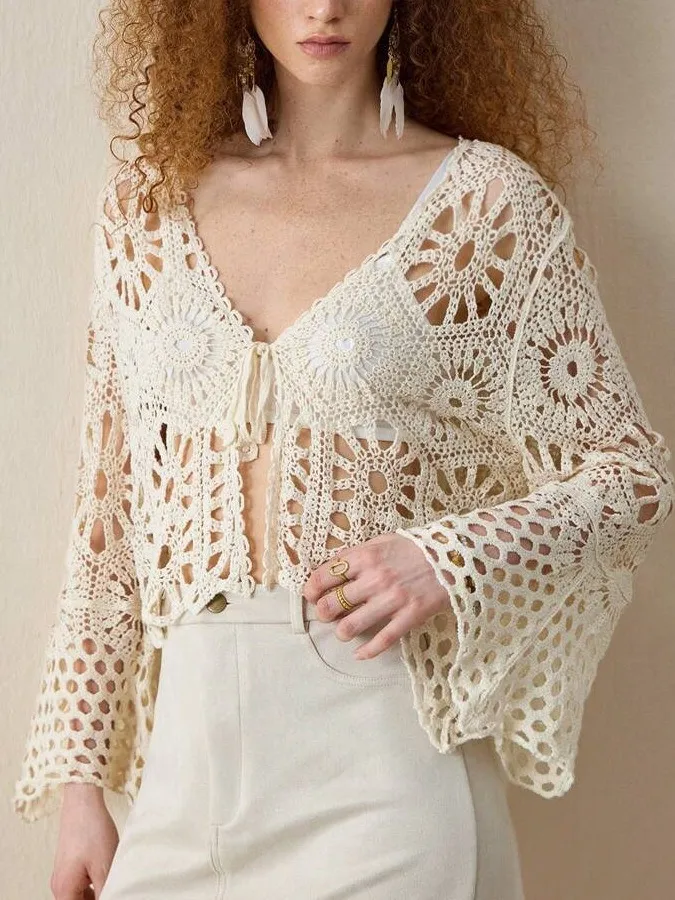 Primavera Verão Novo Top de Malha com Decote em V e Recortes Vazados, Manga Curta com Proteção Solar, Manga Longa Estilo Stre...