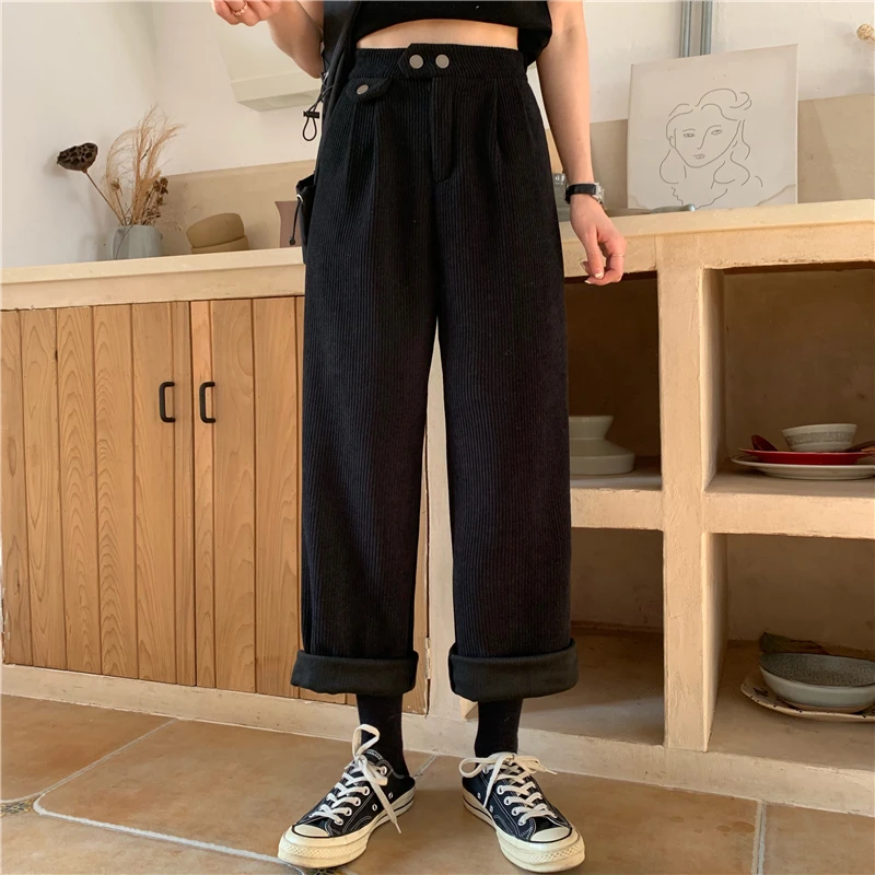 Women Pants Korean Style New Loose All-match Corduroy Wide Leg Trousers Womens Trendy Leisure Harajuku Daily Ulzzang High Waist