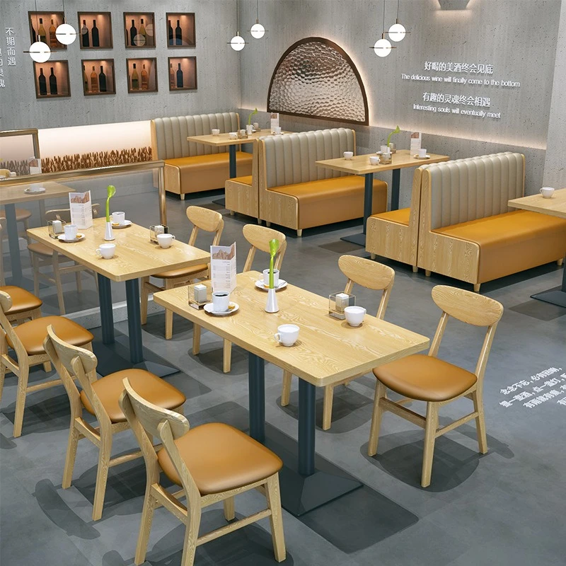 Restaurant Booth Sofa Set Solid Wood, Commercial Dining Table Chair Combination for Hotel Breakfast BBQ Hot Pot