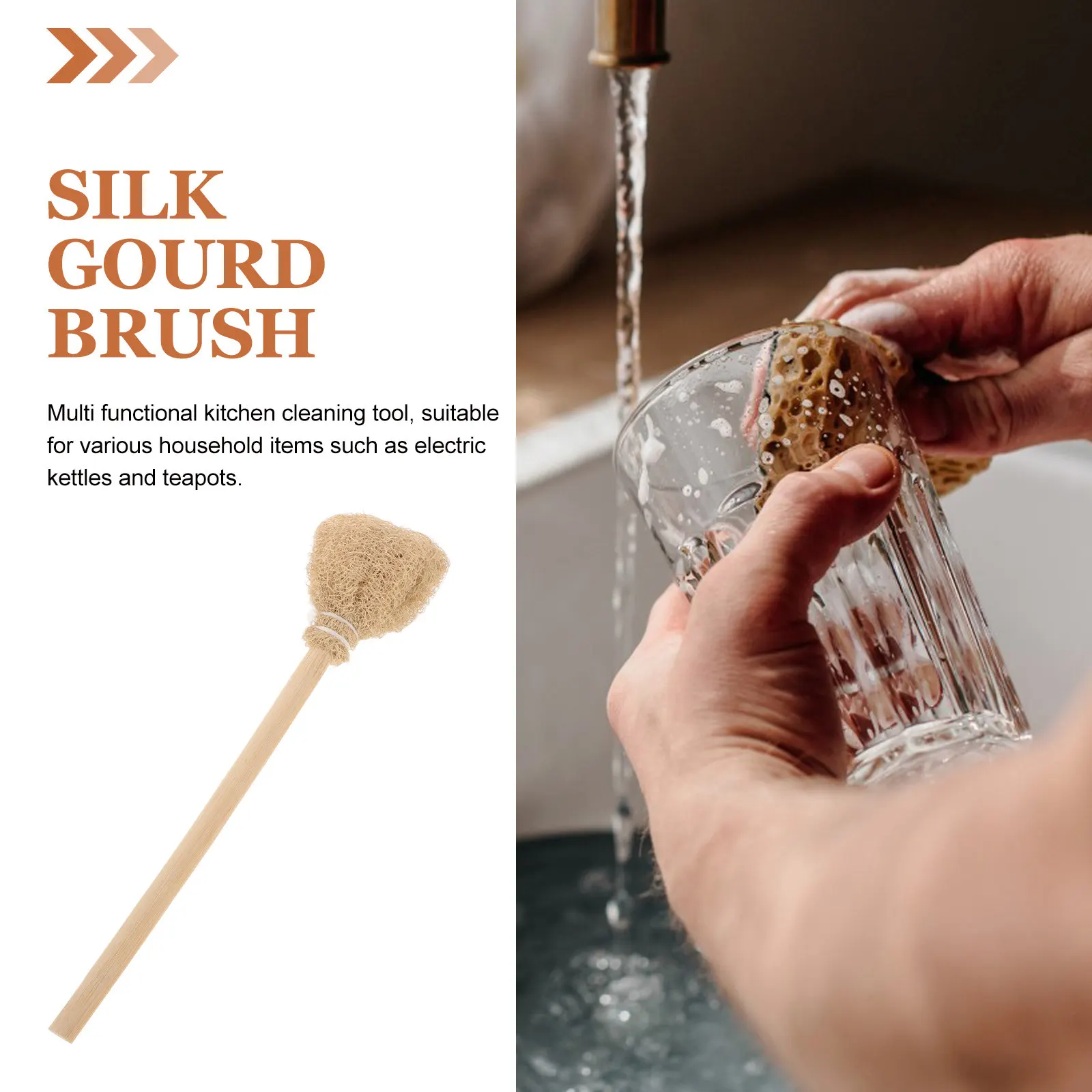 Natural Loofah Brush with Ergonomic Wood Handle Tea Pot Glass Cup Bottle Pan Cleaning Tool Kitchen Scrub Brush Multi Functional