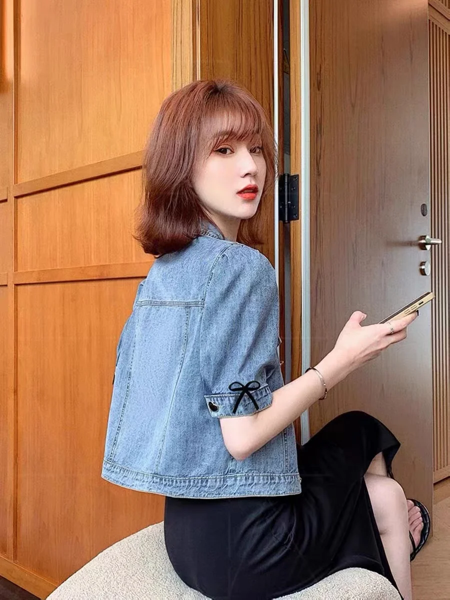 初秋韓国香港スレオルスヴェレディースジーンズジャエット薄手アウター万能バブルスヴェ襟