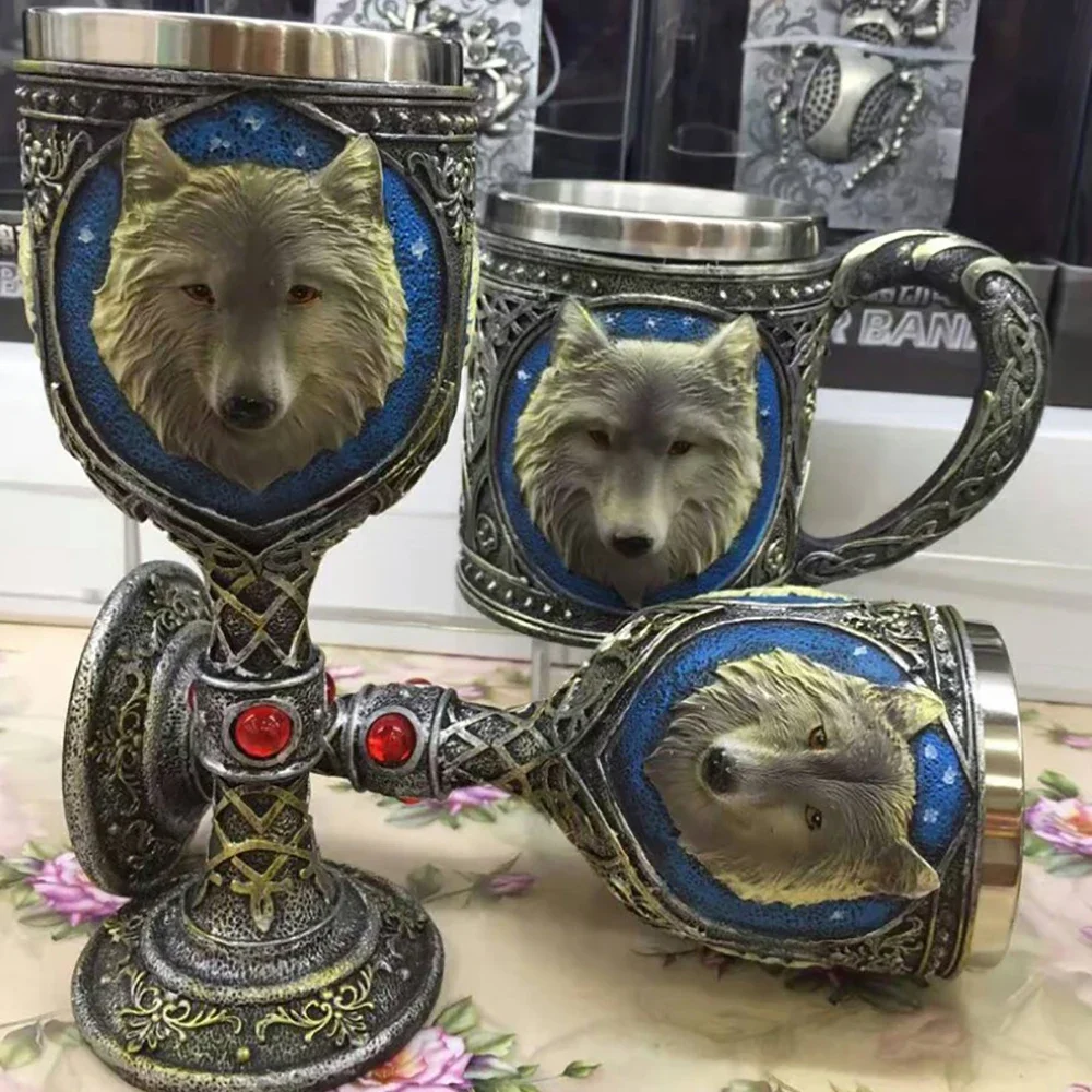 Stainless Steel Wolf Mug Creative Resin 3D Wolf Coffee Cup Medieval Beer Goblet Drinkware Mugs Creative Personalized Gifts