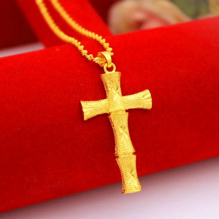 2026 New Korean Style Cross Pendant Necklace For Women Copper Plated Vietnamese Sand Gold No Fading Daily Wear Religious Jewelry