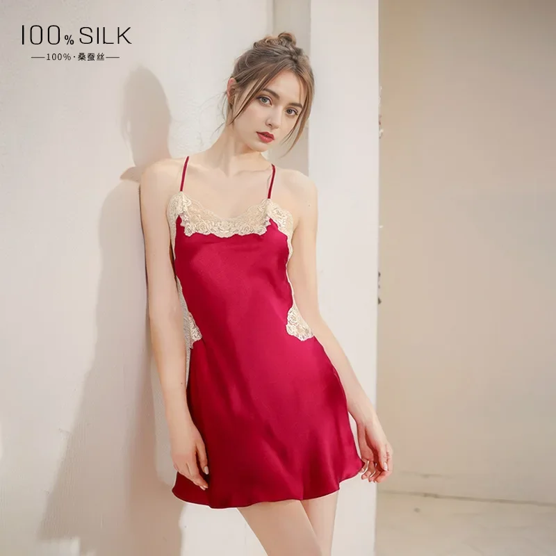 

Women 100% Mulberry Silk Sexy Backless Sling Nightie Nightgown Sleepwear Lace Nightdress Lingerie Summer Nightwear Mini Dress PJ