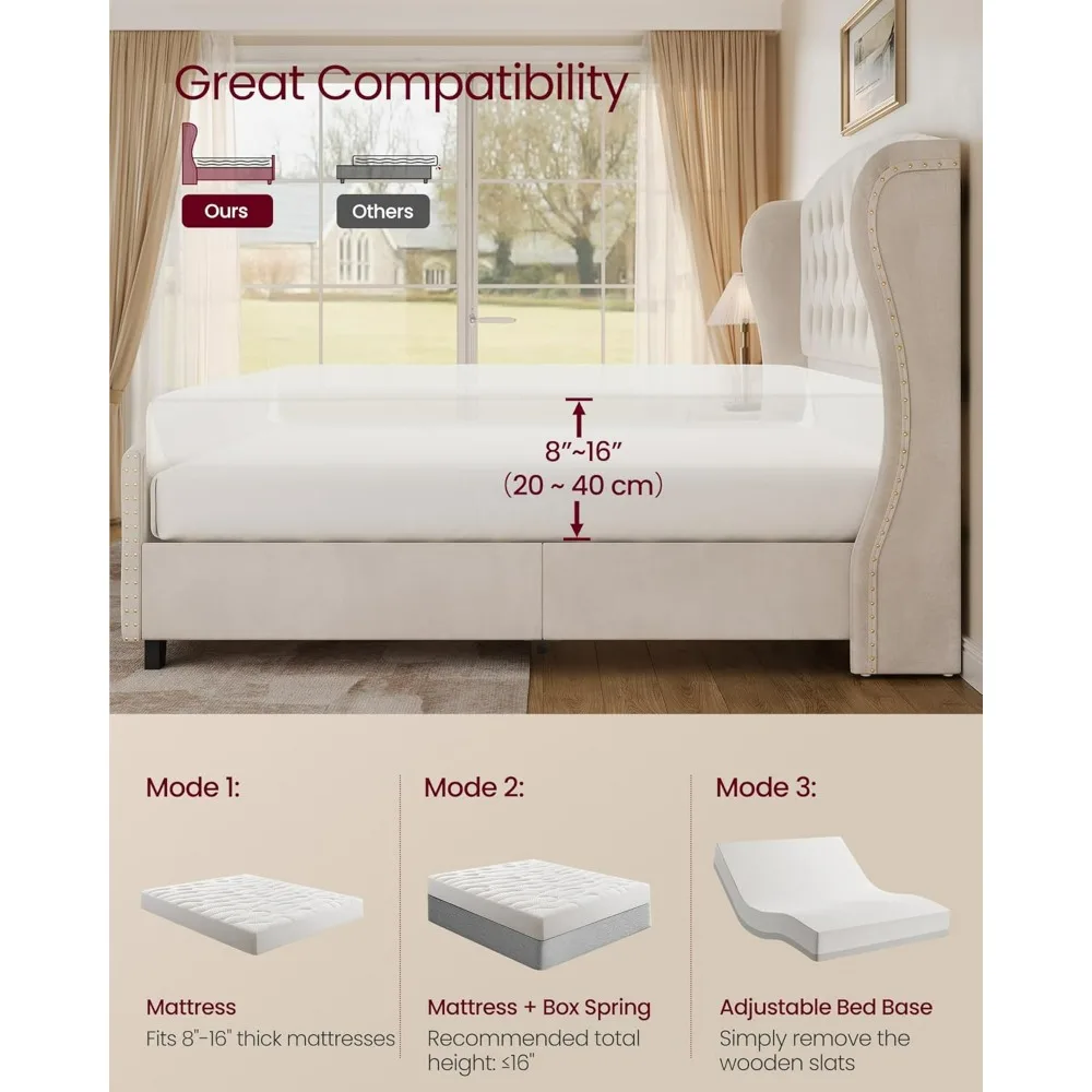 إطار سرير منجد بمنصة كوين مع لوح رأسي معنقدة طويل القامة ولوح للقدمين