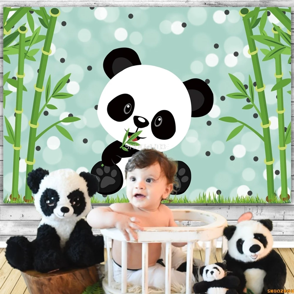Cute Cartoon Panda Backdrop Bamboo Flowers Panda Banner for Baby Shower Newborn Birthday Party Decoration Photography Background