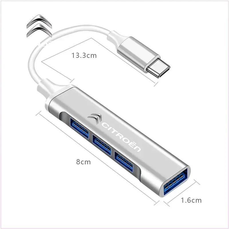 Type-C Turn USB Adapter Multi Port Distributor Hub for Citroen DS DS4 DS5 LS DS6 VTS C4 C5 X7 C8 C4L Xsara C2 C3 Car Stickers