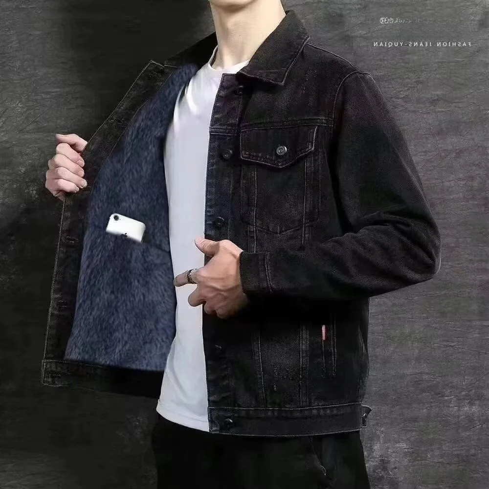 

2024 Men's Retro American Denim Jaet Stand Collar Spring Autumn Versatile Jeans Outerwear for Couples Stand Fit Polyester