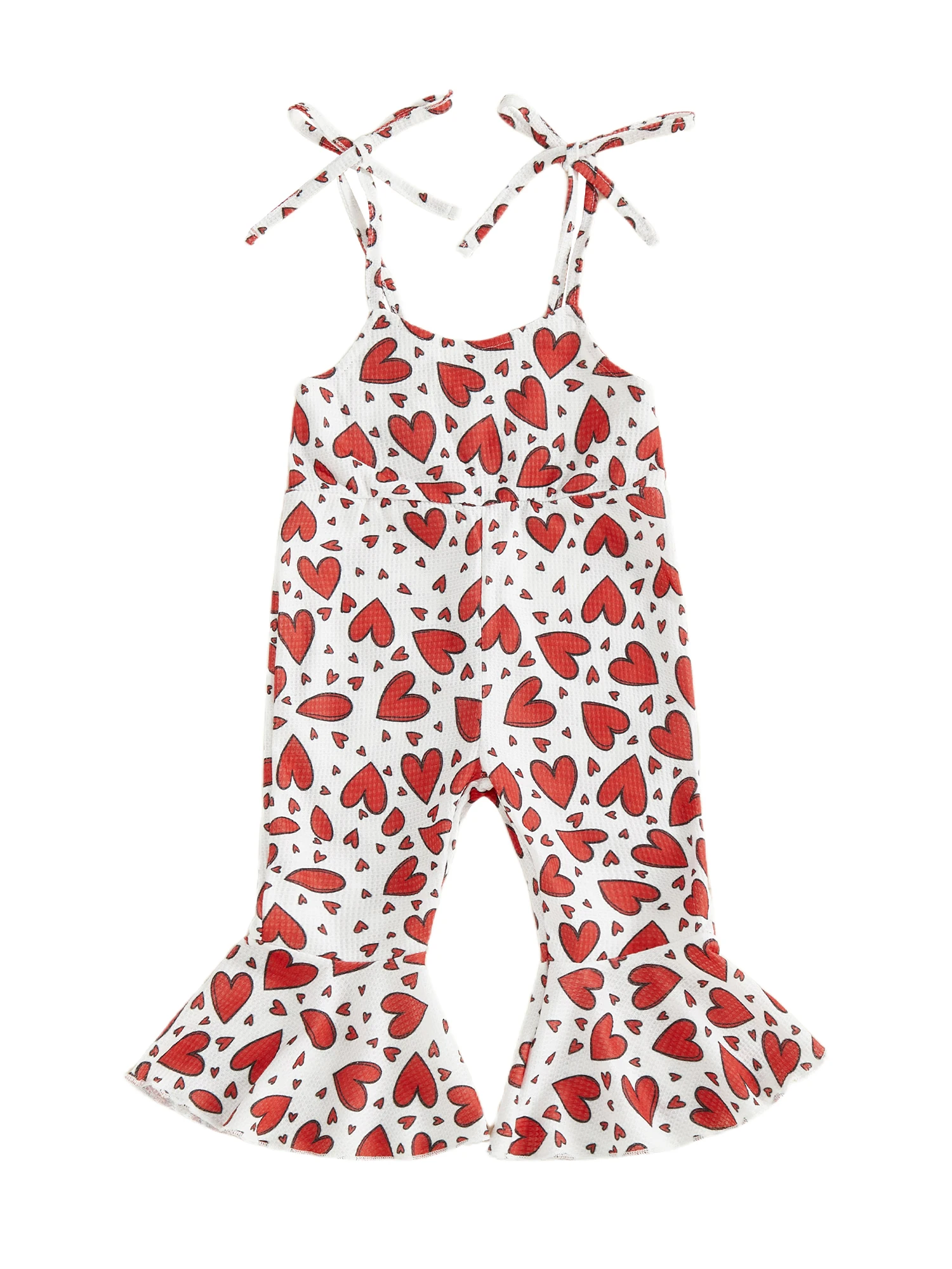 

Toddler Girls Heart Print Sleeveless Jumpsuit with Tie Shoulder Straps and Bell Bottoms for Valentine s Day