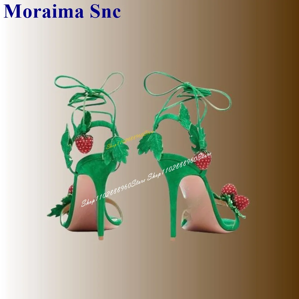 Lace Up Green Flock Strawberry Decor Sandals Cut Heel Thin High Heel Women Shoes Open Toe 2024 Fashionable Zapatos Para Mujere