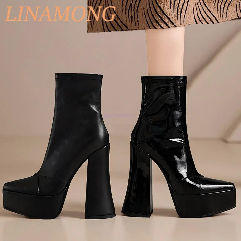 Stivaletti corti con cerniera laterale a punta affilata Tacco spesso Temperamento in pelle lucida Stivaletti corti versatili Stivali con tacco alto con suola spessa